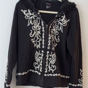 Style & Co. Black and White Hooded Embroidered Women's Zippered Jacket - Size L